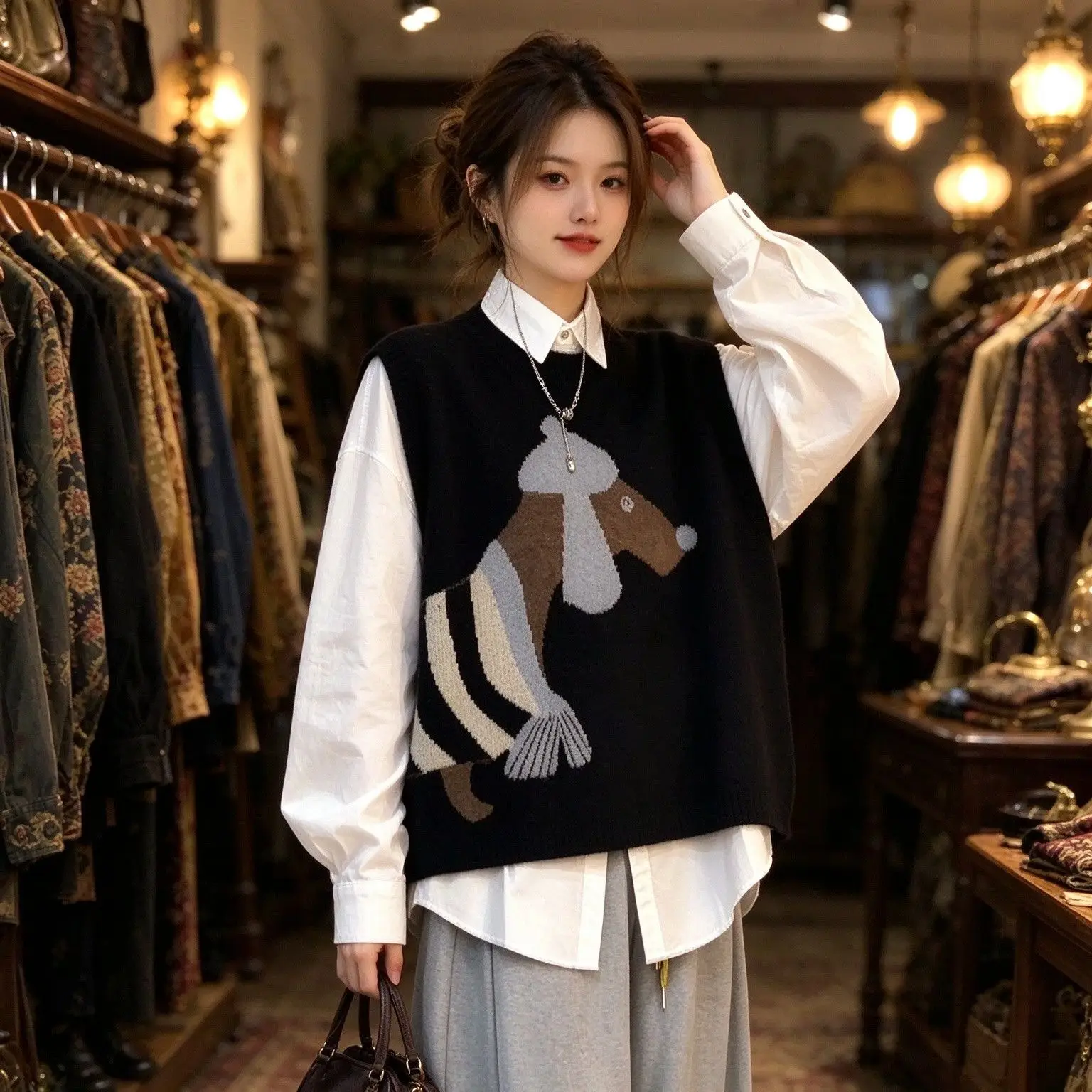 plus Size Women's Knitted Set round Neck V-Neck Short Sleeve Casual Style Four Seasons Fashion Top Bottom Matching Dog Pattern