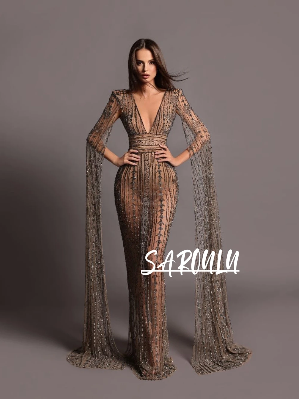 مثير الوهم فستان سهرة مذهل مع كيب طويل رائعة الديكور Bodycon صالح فستان حفلات مخصص مأدبة الملابس الحديثة #1