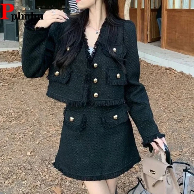 

Vintage Tweed Skirt Two Piece Sets Fall Winter Oversize Woolend Tassel Top Jackets Suits High Waist Straight Faldas Outfits