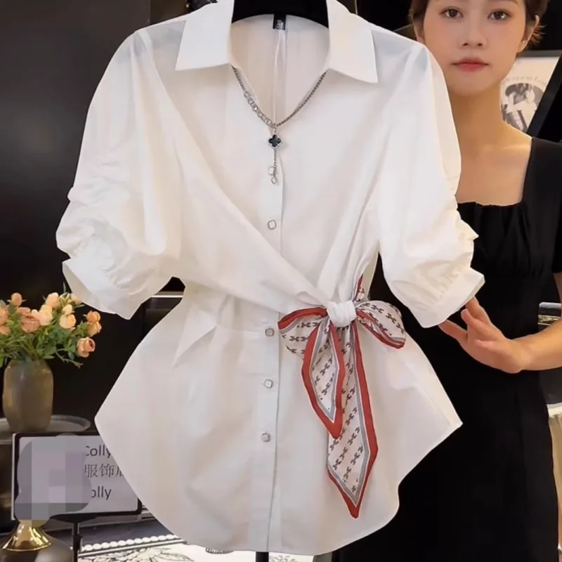 

Designer Elegant Women White Blouse Small-waist Lace Up Sashes Unique Shirts Temperament Office Lady Summer Turn-down Collar Top