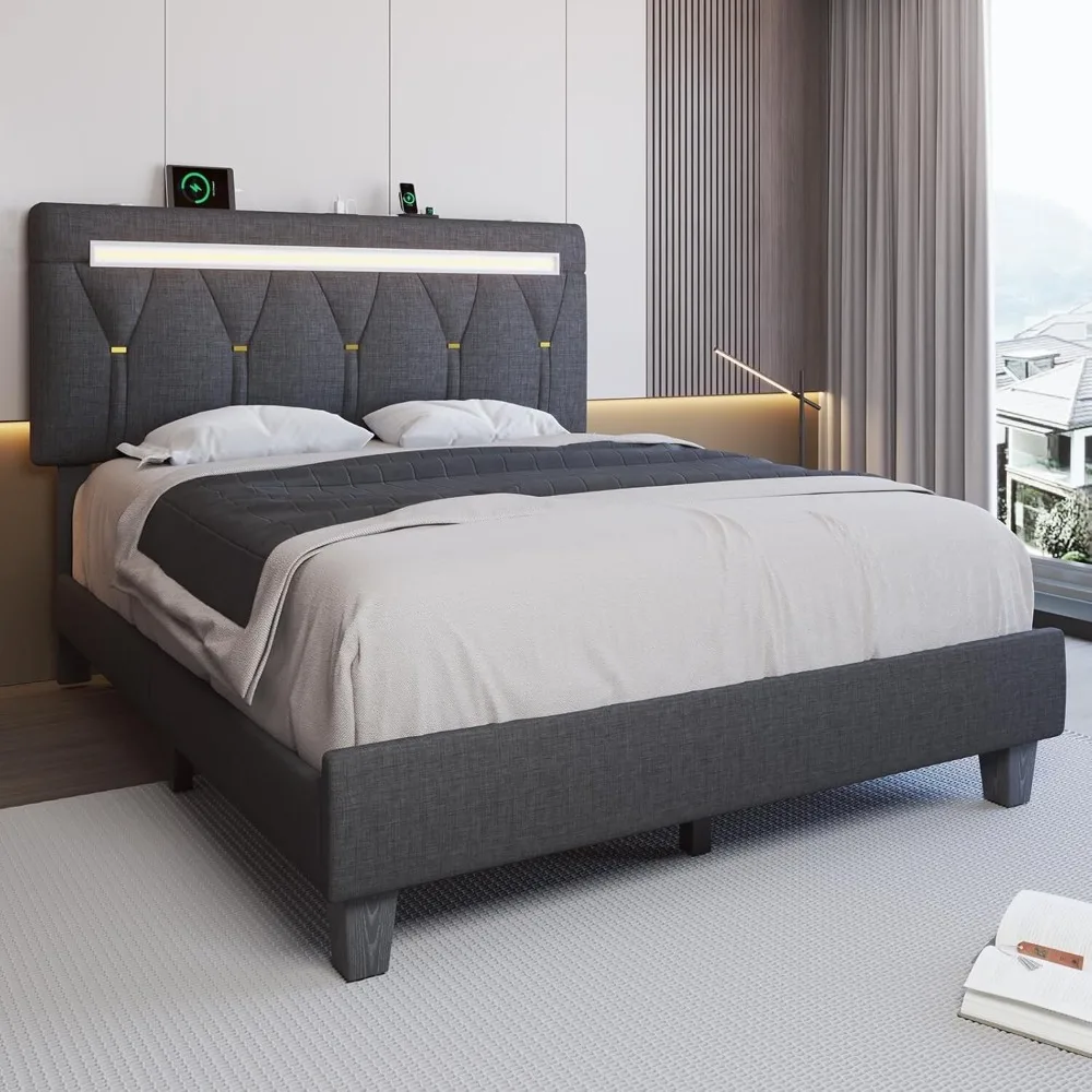 Full Queen King Bed Frame with Bluetooth Speaker, LED Light＆Adjustable Headboard