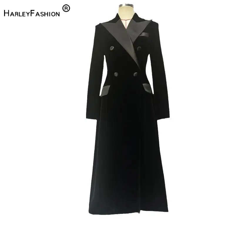 High Quality Lady Fall Winter Notched Long Sleeve Double-breasted Solid Slim Fitted Velvet Midi Coat For Women