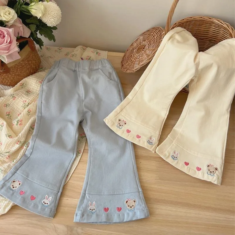 Girls Pants 2026 Casual Trousers Little Girl Fashion Cartoon Embroidered Versatile Bell Pants