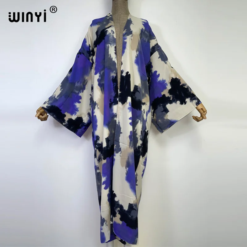 

2022 WINYI New Halo Printing Beach Wear Swim Suit Elegant Europe Women Boho Muslim coat Holiday Long Sleeve Kimono Dress