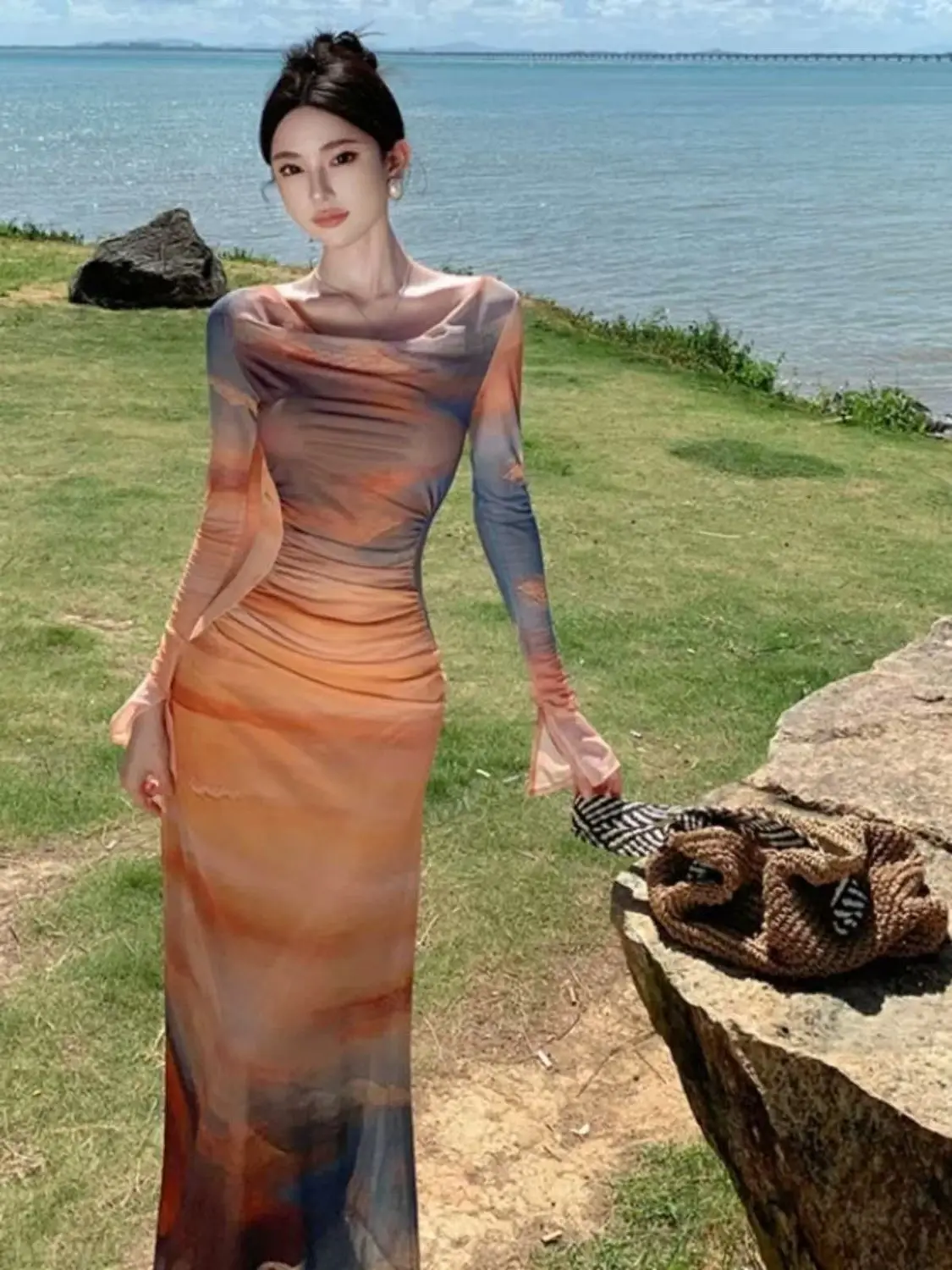 

Elegant Off-shoulder Tie Dye Maxi Dress For Women Sunset Gradient Long Sleeve Ruched Bodycon Dresses Vacation Party Prom Robe