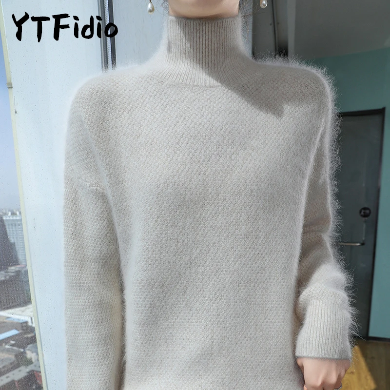 YTFidio Mink Cashmere Sweater High Collar Women Knitwear Thick Solid Base Tops Outerwears Knitted Oversized 157