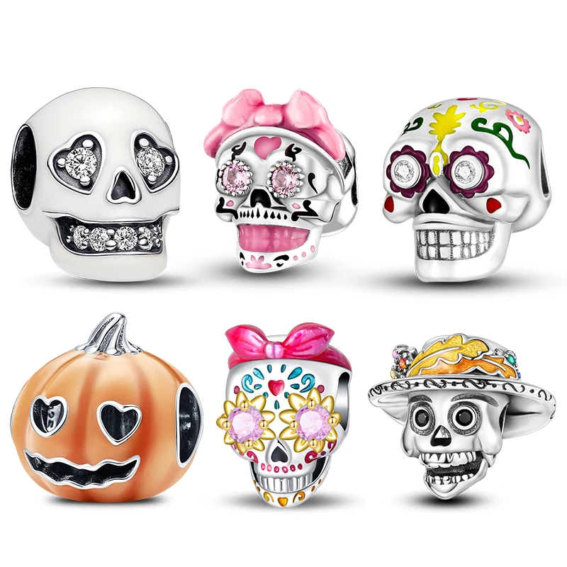 Charm 925 Silver Glow-In-The-Dark Skull And Pumpkin Charm Be