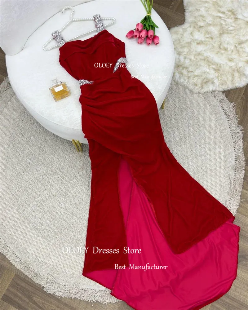 OLOEY Dark Red Long Evening Dresses Straps Beads Crystal Side Split Prom gowns Formal Party Dress Guest bridesmaid Dress