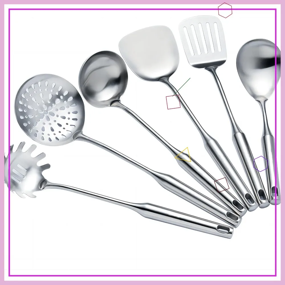 

Набор кухонных принадлежностей из нержавеющей стали, 6 предметов: лопатка для вока, половник, шумовка, ложка для пасты, ложка и лопатка для переворачивания - можно мыть в посудомоечной машине