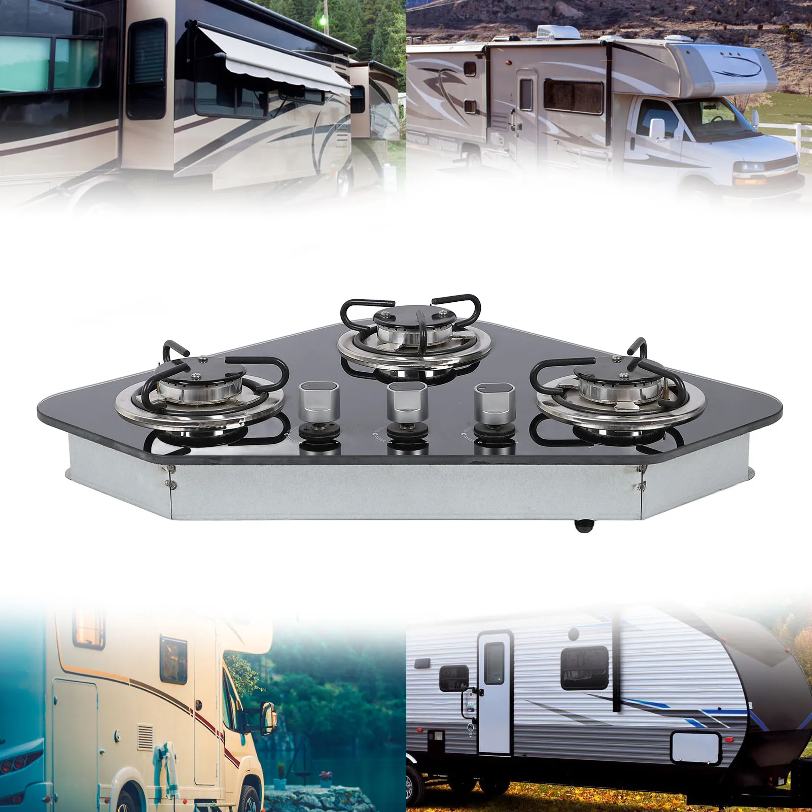 Estufa de gas Panel de vidrio templado Acero inoxidable 3 quemadores 1.8Kw Estufa de gas para barco Caravana RV Camper
