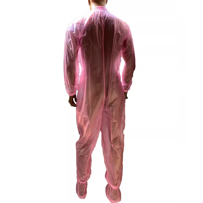 Sexy Couple Transparent Pink PVC Plastic Jumpsuit Waterproof Soft Silent COS ABDL Adult Baby Snap Fastener Opening Diaper Pants