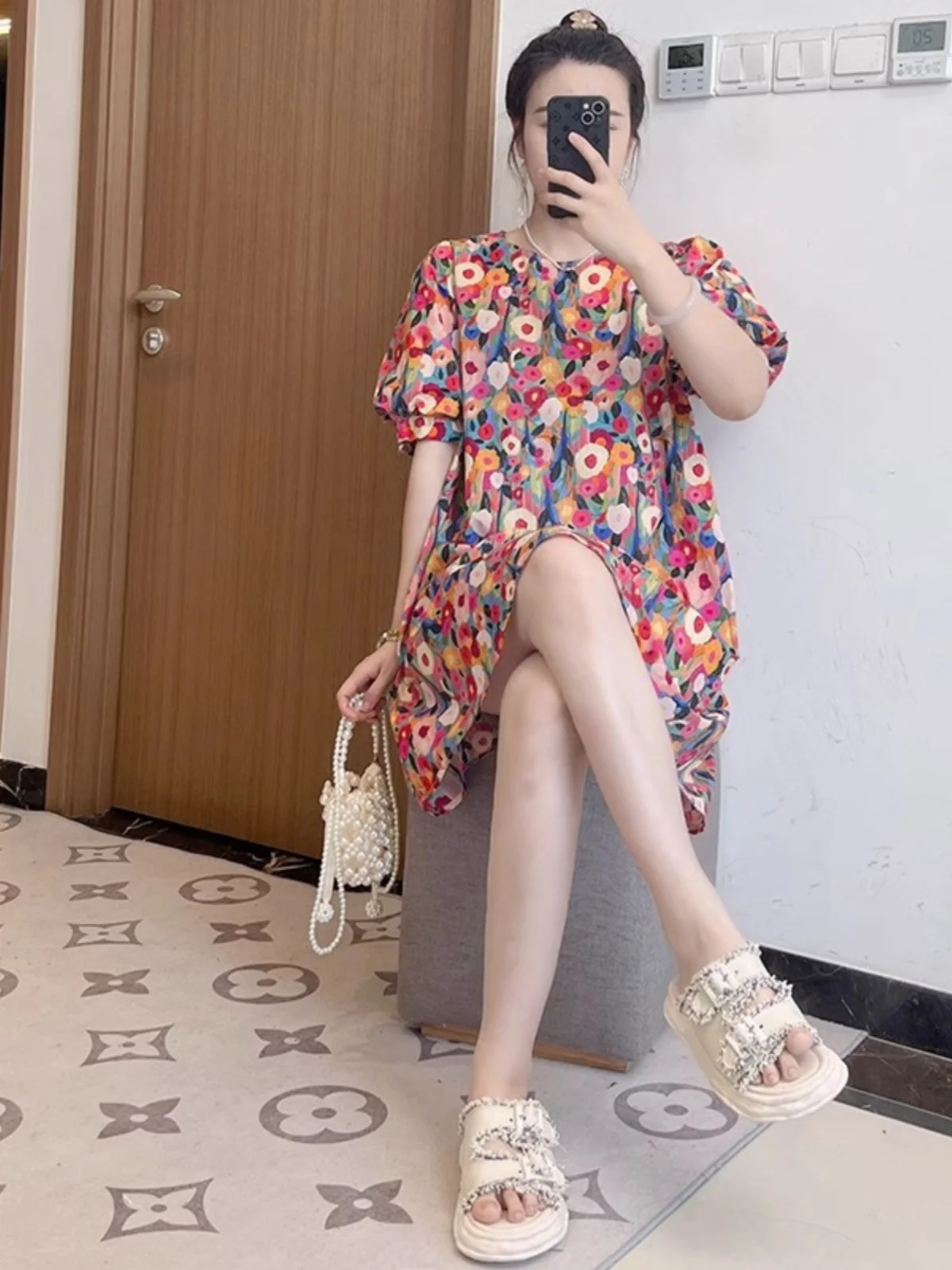 Floral Print A-Line Dr Women's round Ne Loose Slimming Lantern Sve Maxi Dr plus Size Summer New Sle Commute