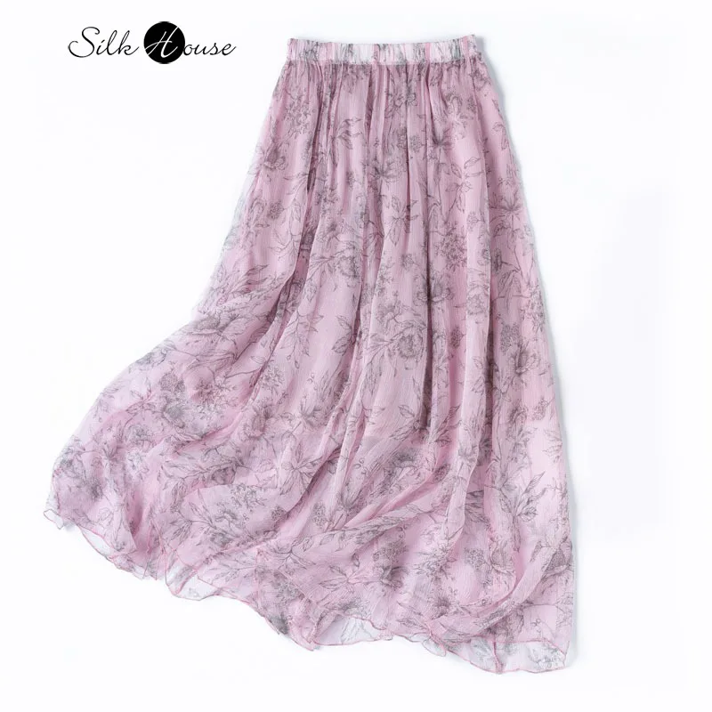 

Pink Gongbi Painting Elegant 100% Natural Mulberry Silk Qiaoqisha Elastic Waist Large Swing Women's Casual Beach Skirt