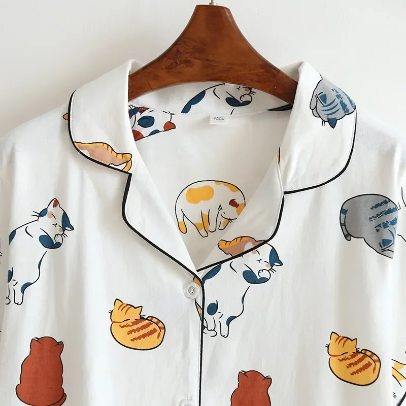 New 100% Cotton Short-sleeved Shorts Ladies Pajamas Set Cute Cartoon Pajamas Japanese Simple Short Pajamas Women Sleepwear