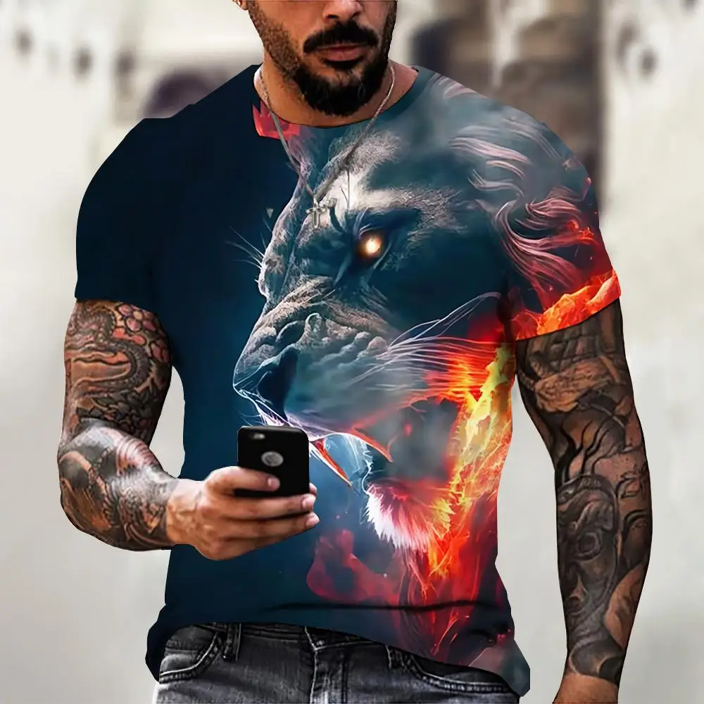 

3D Print Lion Graphic Men's T-shirt Casual O-neck Short Sleeve Oversized Tops Cool Street Sweatshirt Fashion Mens Clothing Tees