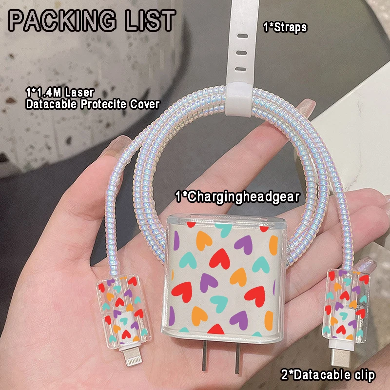 Colorful Love Pattern Charger Protective Case for IPhone 15 14 13 Pro Max 18/20W Charger&Charging Protector Data Wire Winder