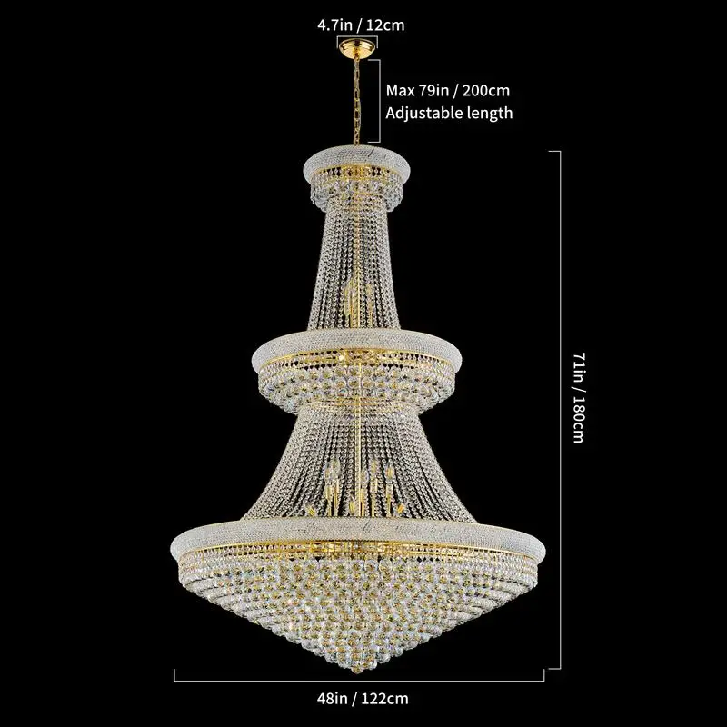 ثريا كريستال 48 بوصة 3 طبقات مع 42 لمبة E12، 680 كرة كريستال، سلسلة قابلة للتعديل 79 بوصة، مثالية للبهو الفاخرة و