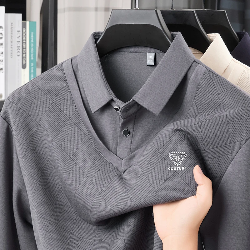 Hohe Qualität männer Polo-Shirt Revers Gefälschte Zwei-Stück Langarm T-Shirt Herbst Neue Exquisite Druck Business Pendeln herrenmode Top