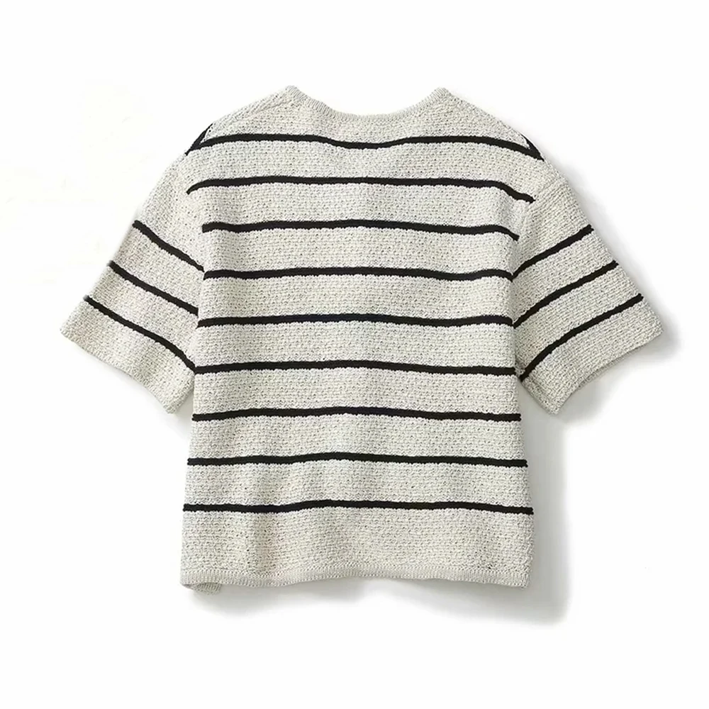 Cos Lris2024 autumn new striped short-sleeved sweater V-neck knitted cardigan short top women 05646615712