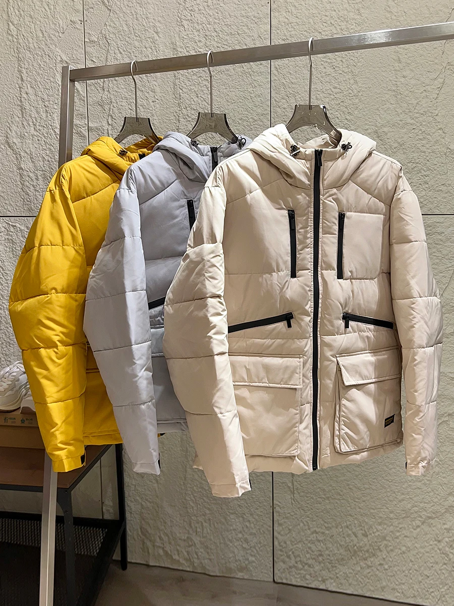 

High Quality Puffy down Cotton Hooded Jacket for Men Winter Casual Multi Pocket Workwear Stylish Warm Thick Long Sleeve Zipper