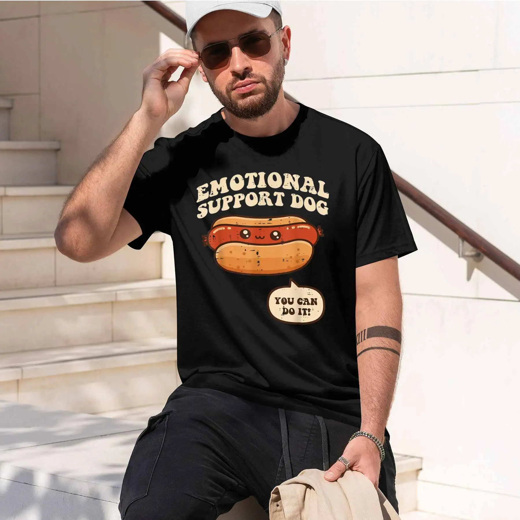 2026 new printed T-shirt Men's Emotional Support Dog Hotdog T-shirt Retro Distressed Encouragement Casual Top