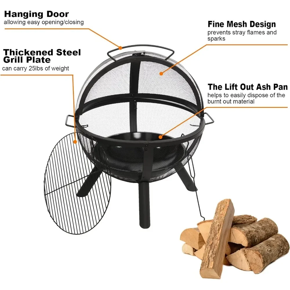 35-Zoll-Außenfeuer mit Grill, kugelförmiger großer runder Grube, Terrassenkamin, verwendet für Camping, Lagerfeuer und Picknick