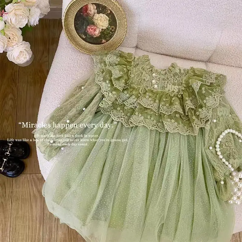 Girls' Spring and Autumn Clothing Dress New Children's Puffy Lace Princess Dress Baby Western Style Dress Advanced