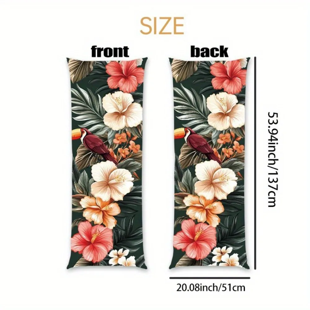 A Tropical Toucan And Hibiscus Flower Long Pillowcase - 20*54 Inches / 50×137 Cm in Bright Orange-Yellow on Deep Green Leaves, M