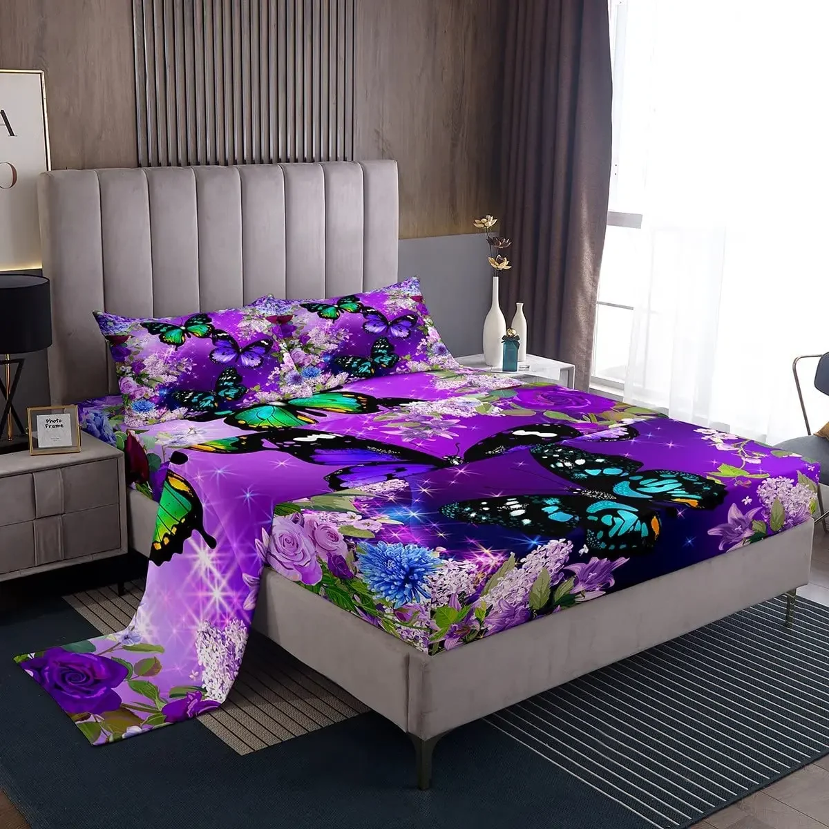 Butterfly Sheet Set Twin King Size for Girls Women Butterflies Floral Bedding Set Aesthetics Purple Flower Green Botanical Leaf