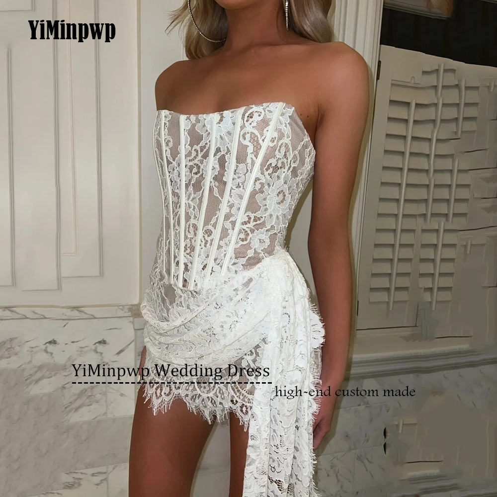 فساتين زفاف مثيرة بدون حمالات قصيرة/ميني غمد مع مطاط طويل مخصص مزين بالدانتيل فساتين سهرة رسمية فوق الركبة