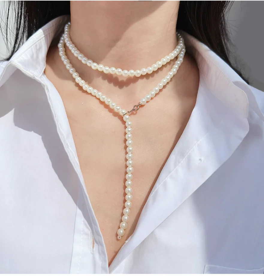 Multiple ways to wear this French-style elegant long pearl necklace; fashionable multi-layered sweater chain; export jewelry.