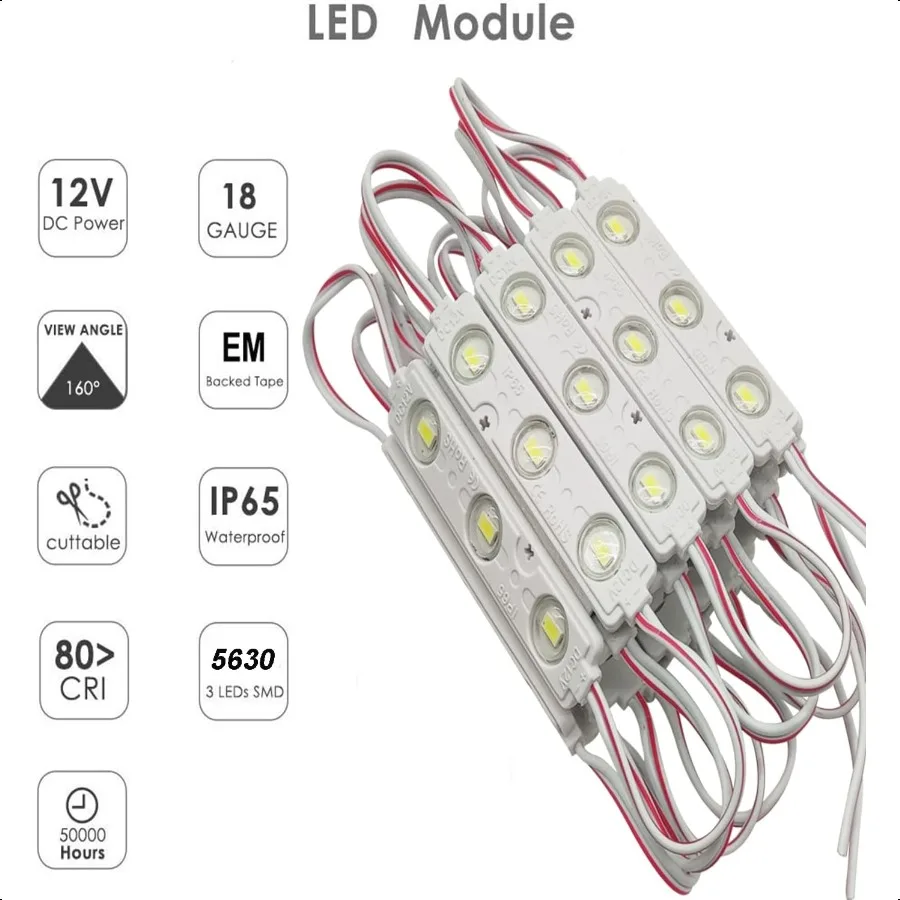 Modulo LED 100PCS Luce rossa per insegne 12V DC 5630 SMD 3 LED Luce per finestra Impermeabile per lettera Pubblicità Segno Decor Alimentazione rossa