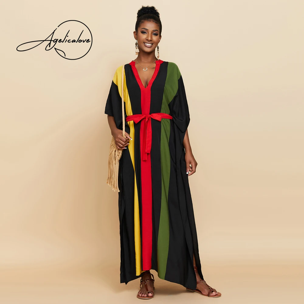 

AGELICALOVE Fashion Striped Patchwork Bikini Cover Up Women Pullover Bandage Loose Swing Dress Beach Wear Swimsuit Smock Robe