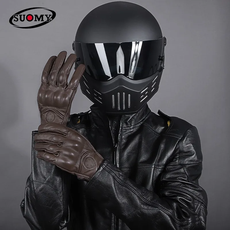 

Мужские кожаные мотоперчатки без перфорации, полнопалые, в стиле ретро, для гонок, мотокросса, езды на мотоцикле, винтажная экипировка