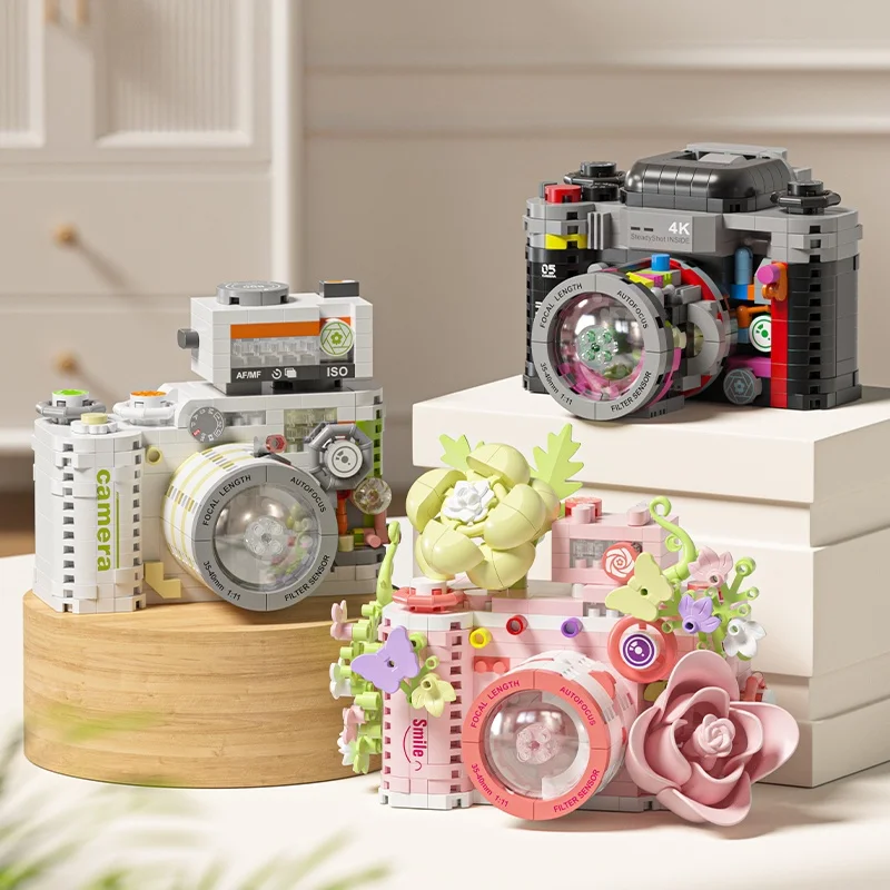New mini Brick Camera Model Kit, Simulated Flower Camera, Cherry Blossom Brick Flowers, Assembly Costume, Gift for Girlfriend, E