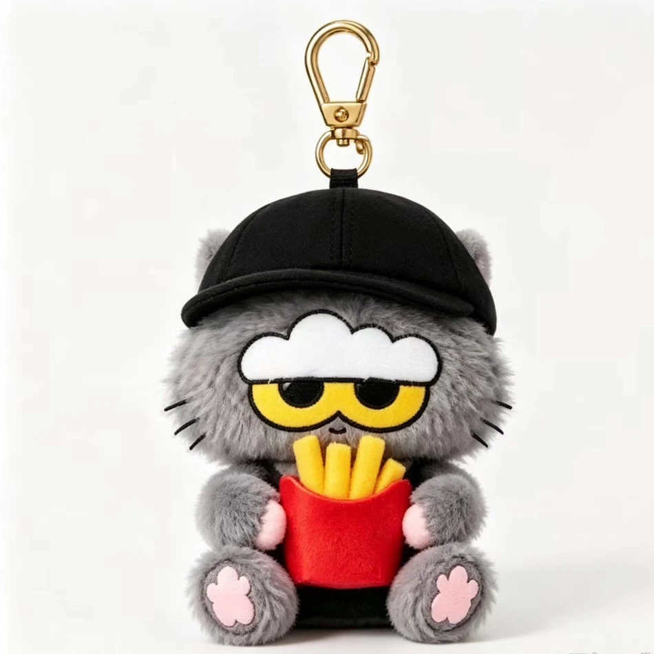 Cute Grey Cat Plush Keychain, Fluffy Cartoon Cat Doll Key Ring, Soft Stuffed Animal Bag,Lovely Hanging Charm Gift for Girls Kids
