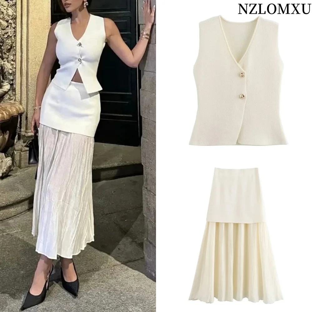 

Women's Half Skirt Set Fashion Metal Button Knitted Vest Pleated Patchwork Ankle Half Skirt British Style Women's Fashion