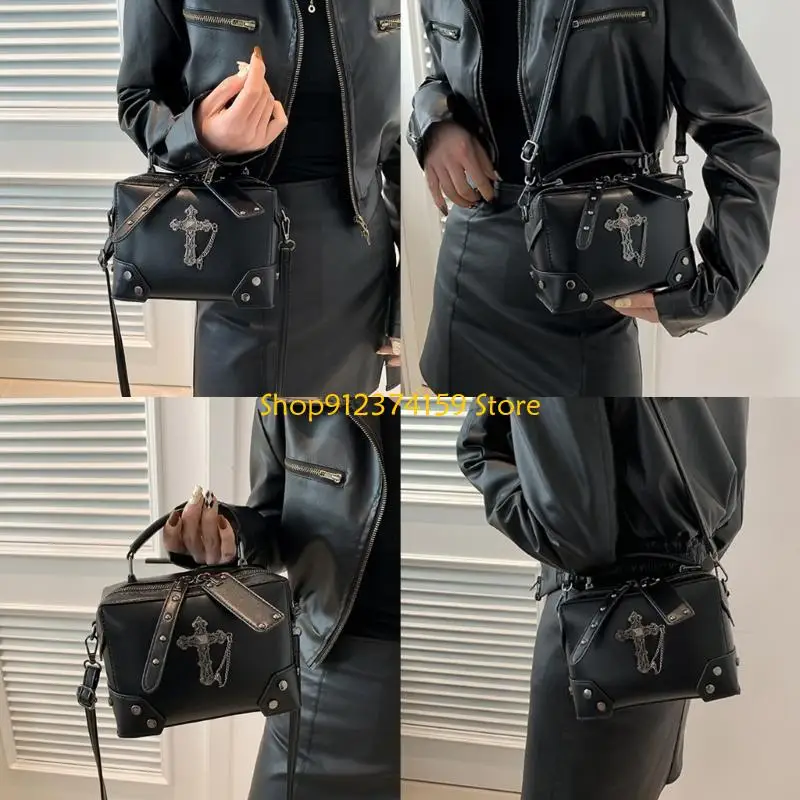 

G5AE Women Shoulder Crossbody Bag Gothic Skull Crosses PU Leather Top Handle Handbag