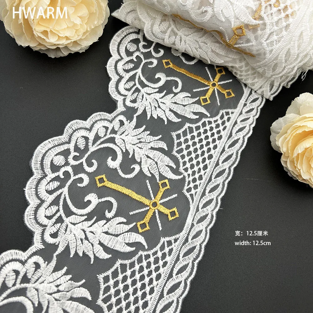 

HWARM Golden Cross Lace Fabric DIY American Mesh Embroidery Mesh Church Priest Wedding Dress Clothing Tablecloth Accessories