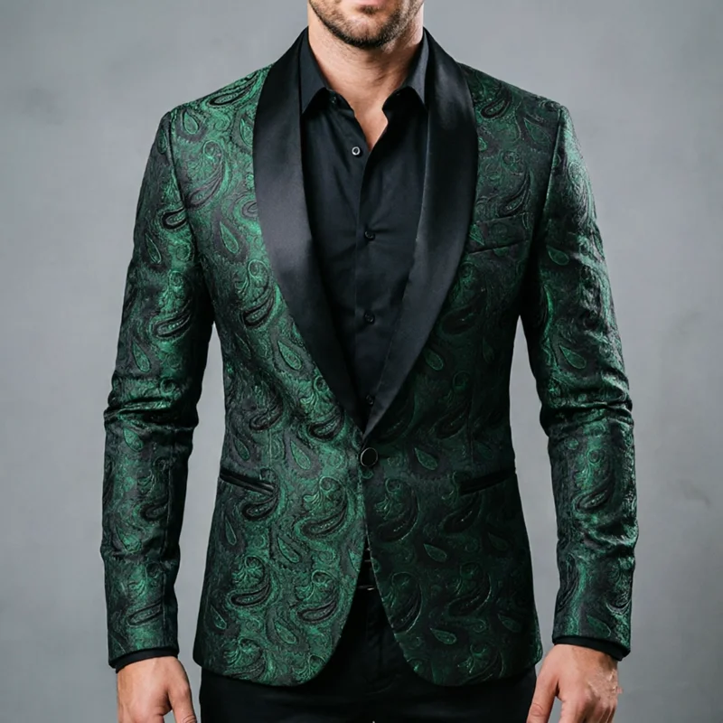 

Мужской зеленый жаккардовый пиджак приталенного кроя с лацканами для торжественных мероприятий, свадеб, выпускных вечеров и сценических выступлений