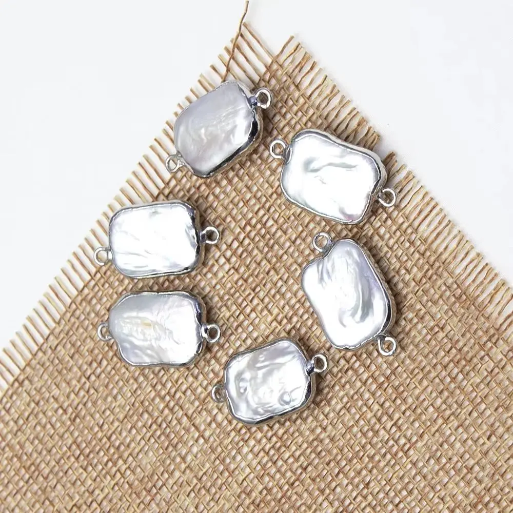 1PC Natural Freshwater Pearl Pendants Connector Silver Plated Edge Irregular Rectangle 2 Hole Charms Jewelry DIY Necklace