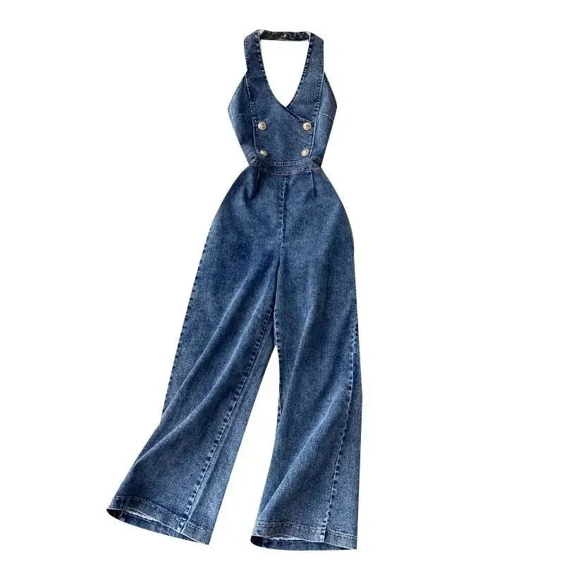Summer Sleeveless Jeans Jumpsuits Women V Neck Off Shoulder Wide Leg Jeans Overalls Casual Vintage Long Romper