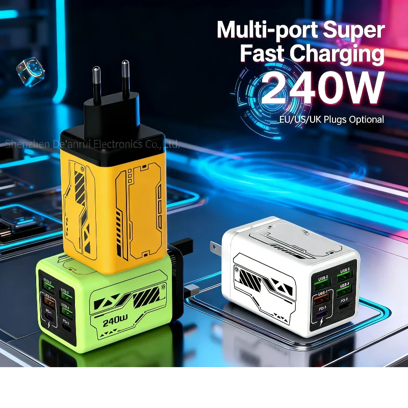 

Многопортовое быстрое зарядное устройство 240 Вт, 4 USB + 2PD, быстрая зарядка, дорожное зарядное устройство в механическом стиле для iPhone, Huawei, варианты вилок ЕС/США/Великобритании