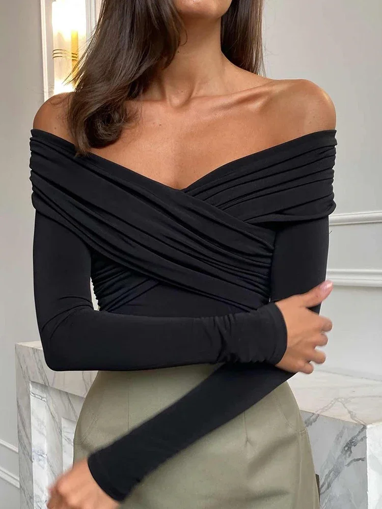 Black Solid Off Shoulder Cross Elegant Sexy Slim Long Sleeve T-Shirt Women White Basic Cropped Tee