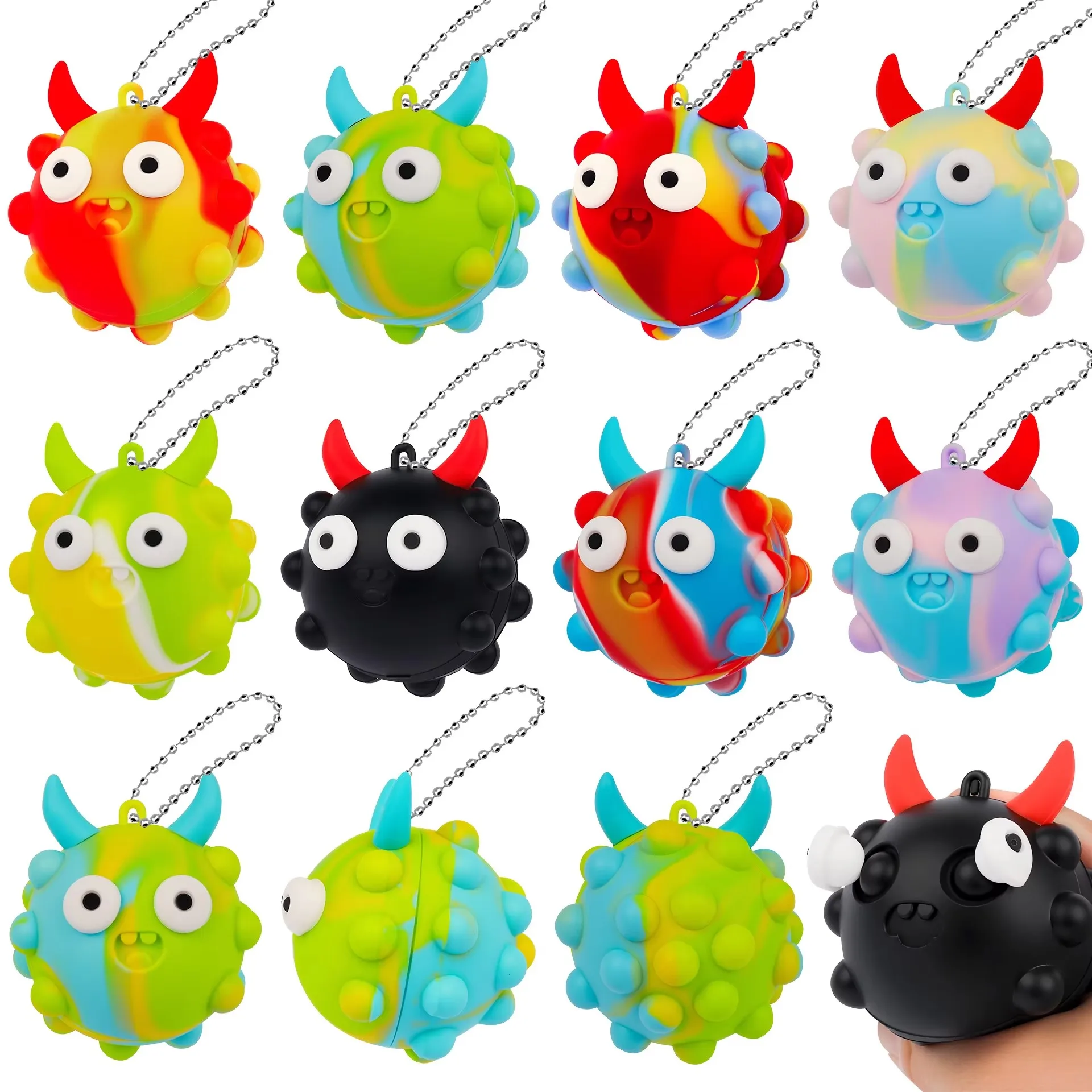 3PCS Big Horn Bull Bubble Ball Stress Ball Fidget Toy 3D Ball Push Bubble ADHD Autism Stress Relief Sensory Toy Keychain Pendant