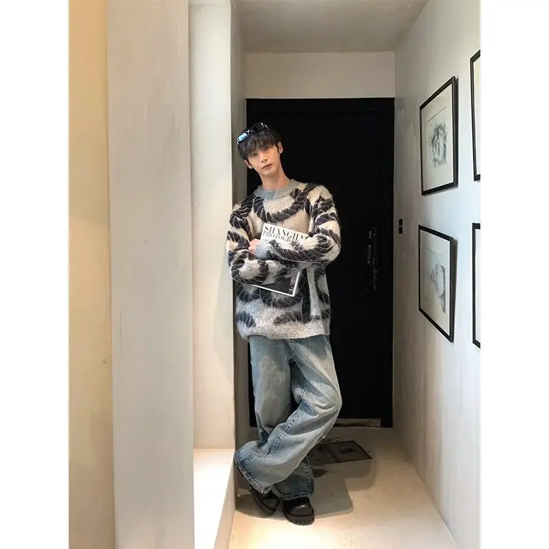 High street jacquard pulled wool sweater American vintage fall/winter loose rope design jacket