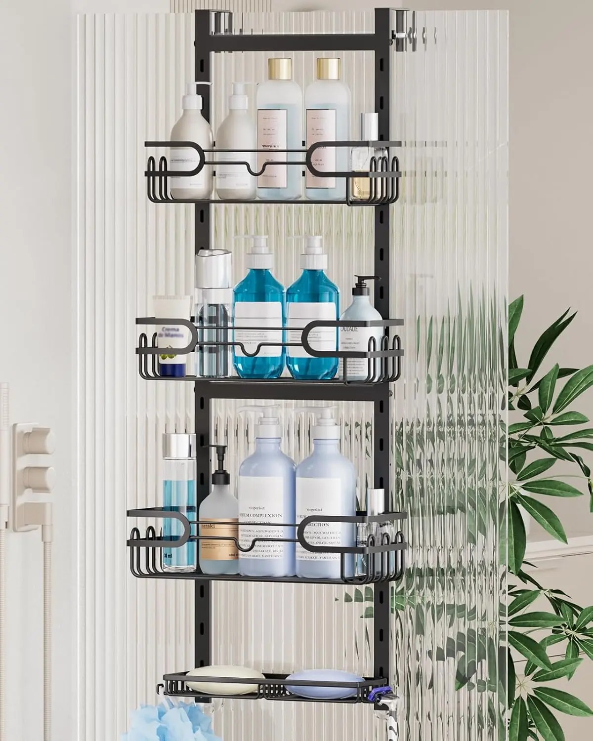 

Over The Door Shower Caddy - 4 Tier Adjustable Hanging Shower Organizer Shelf with 2 Soap Holders