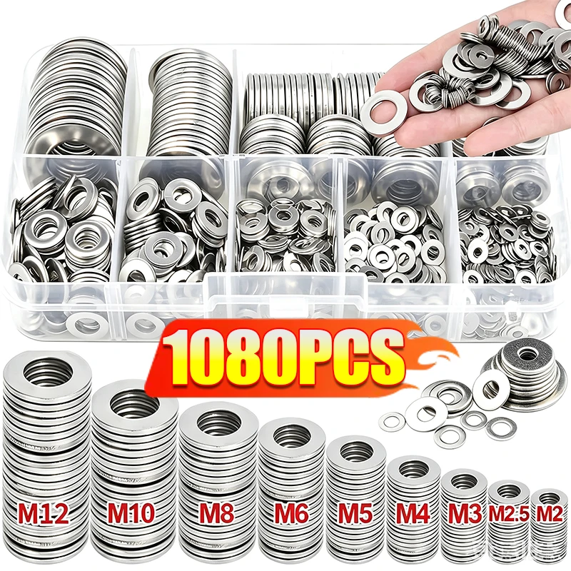 M2-M16 Stainless Steel Flat Washer Multi-function Plain Washer Gaskets Assortment Kit Screw Washers Hardware Metal Round Washers