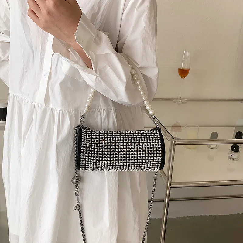 

Women's Fashionable Rhinestone Cylindrical Handbags 2026 New High Street Luxury Design Party Shiny Chain Crossbody Bags