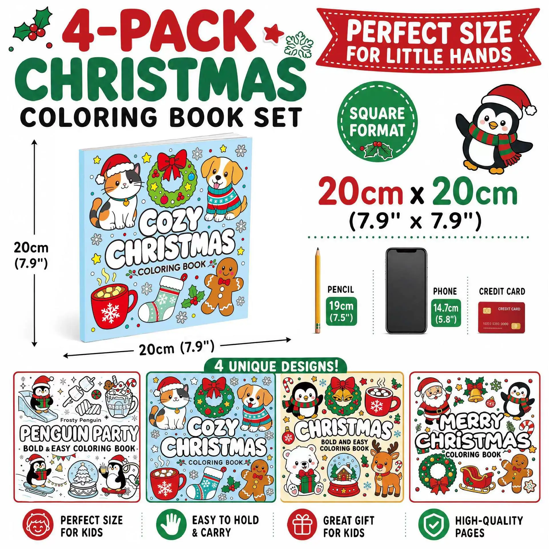 Christmas Coloring Book for Kids, Bold & Easy Xmas Animal Santa Snowman Pages, Winter Holiday Activity Book
